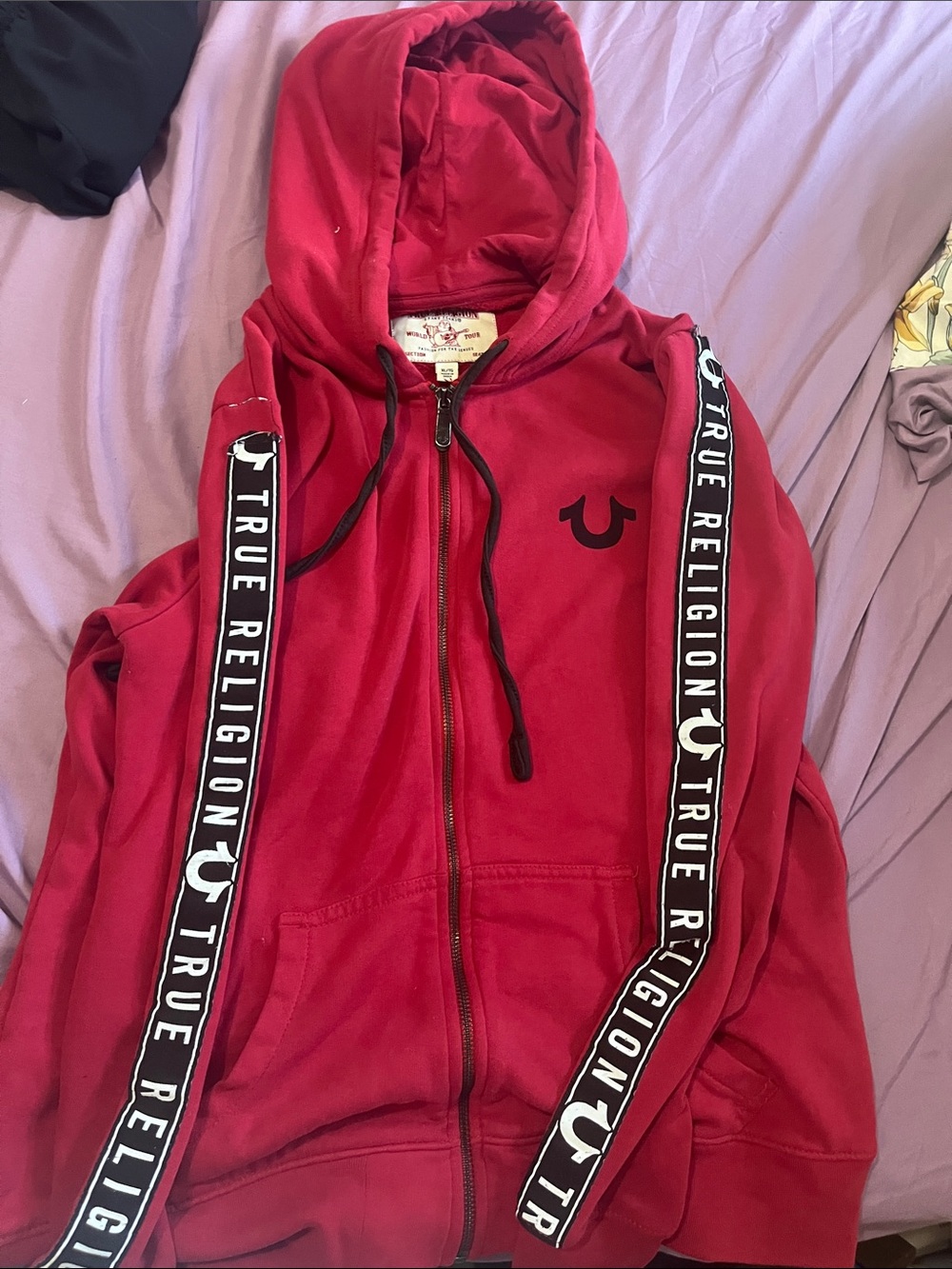 True Religion Red Zip-Up Hoodie with Branded Sleeve Tape